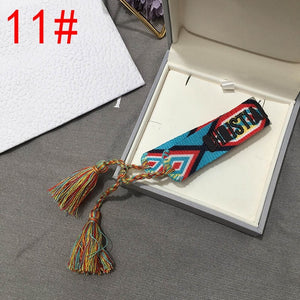 2019 Hot Fashion Multi-color Woven Stretch Hand Strap Cotton Embroidery Charm Letter Bracelet Woven Fringed Bracelet For Women