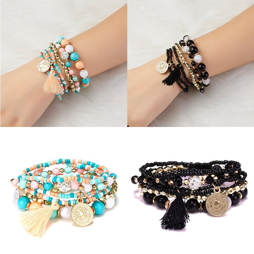 Vintage 6 PCS Little Beads Beauty Head Coin Tassel Multi-layer Bracelet for Women Bohemian Elastic Beaded Bracelet Jewelry Gifts