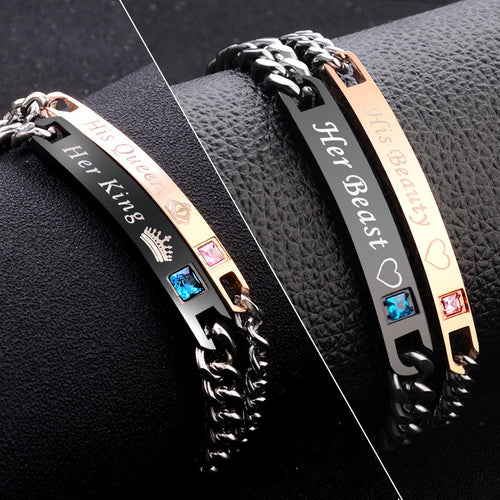 Black Rose Gold Color Women Bracelet Male 2 Style His Queen Her King Bracelet  Male Chain Crystal Couple Lover Bracelet for Men