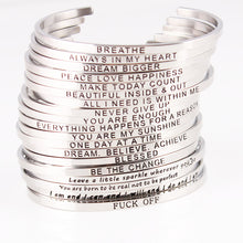 Load image into Gallery viewer, New Silver Stainless Steel Bangle Engraved Positive Inspirational Quote Hand Stamped Cuff Mantra Bracelets For Men Women