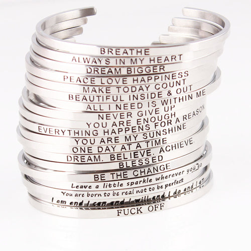 New Silver Stainless Steel Bangle Engraved Positive Inspirational Quote Hand Stamped Cuff Mantra Bracelets For Men Women