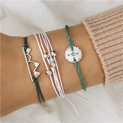 docona Bohemian Colorful Knitting String Rope Bracelet Set for Women Adjustable Compass Mountain Wave Map  Peak Bracelet Bangle